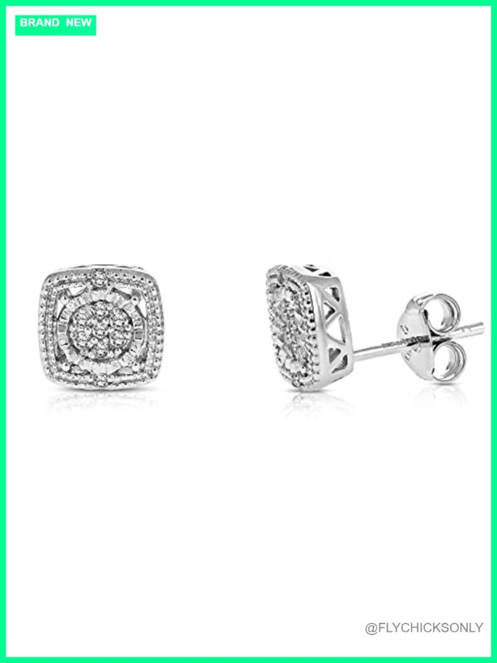 Sterling Silver Diamond Stud Earrings 1/10 cttw Push Back Square